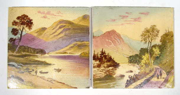 Appraisal: Two pottery tiles hand coloured and transfer printed with landscape