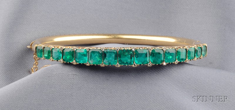 Appraisal: Antique kt Gold Emerald and Diamond Bangle Bracelet prong-set with