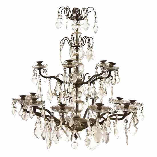 Appraisal: A Continental Brass and Glass Fifteen-Light Chandelier the baluster glass