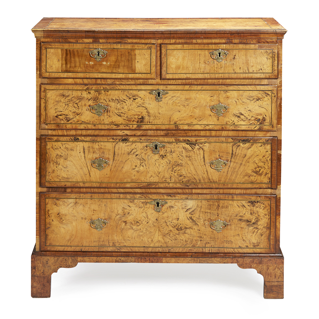 Appraisal: GEORGE I ELM AND BURR WOOD CHEST OF DRAWERS EARLY