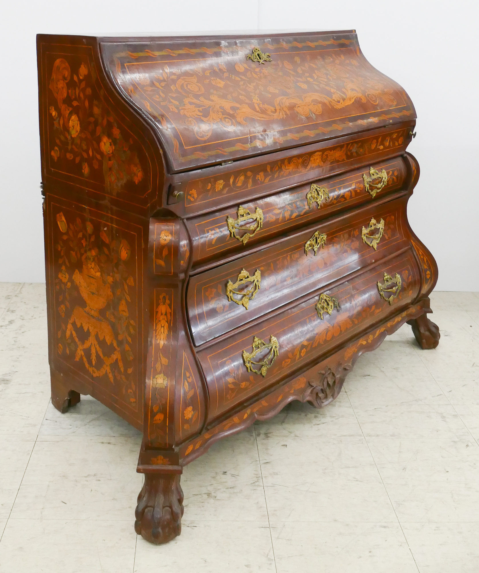 Appraisal: th Century Dutch Marquetry Inlay Bombe Secretary Cabinet Measures x