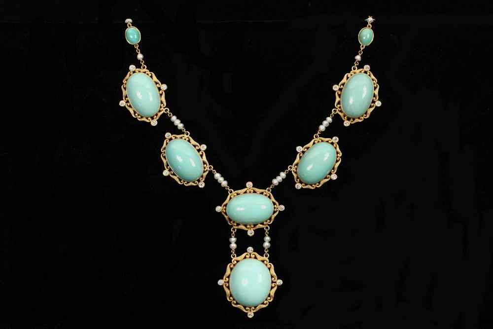 Appraisal: NECKLACE - Art Nouveau Persian turquoise necklace with oval turquoise