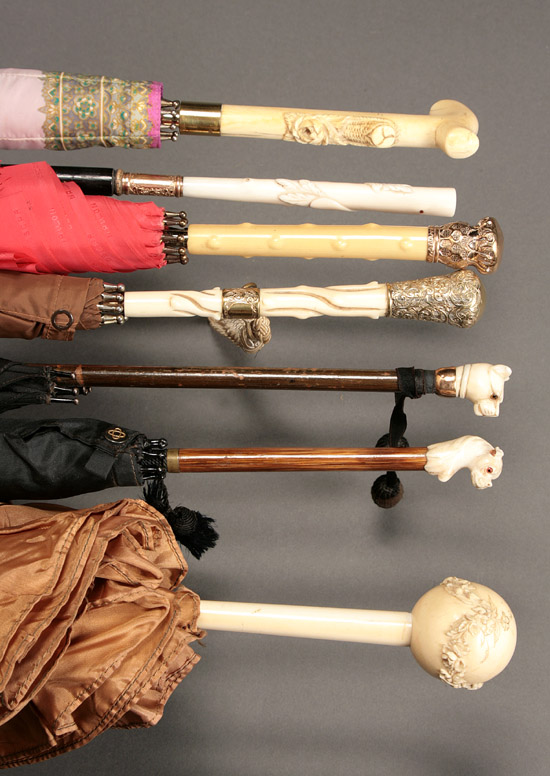 Appraisal: Group of Seven Ivory Handled Parasols and a Walking Stick