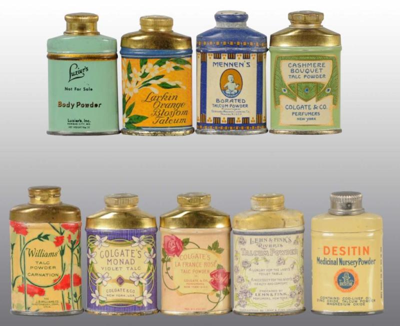 Appraisal: Lot of Sample Talc Tins Description Great grouping with several