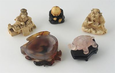 Appraisal: Three Japanese okimono in ivory and horn an agate peach-shaped