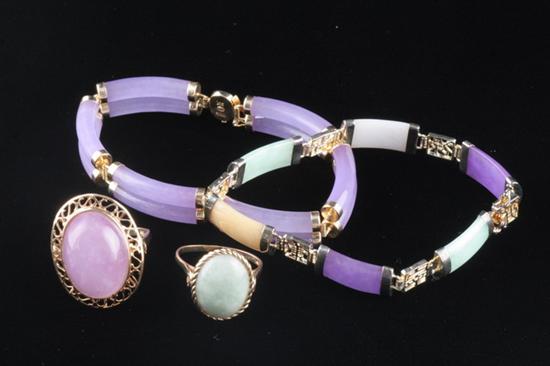 Appraisal: FOUR ITEMS CHINESE JADE JEWELRY Including K yellow gold mounted