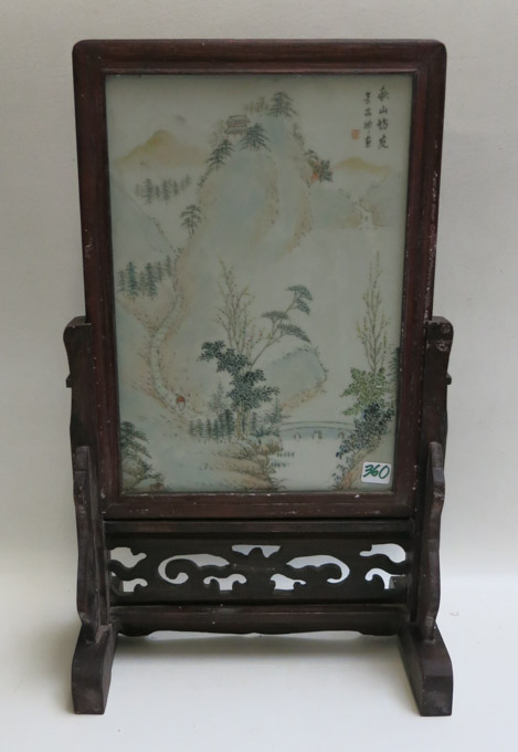 Appraisal: CHINESE PORCELAIN AND WOOD TABLE SCREEN featuring a mountain landscape