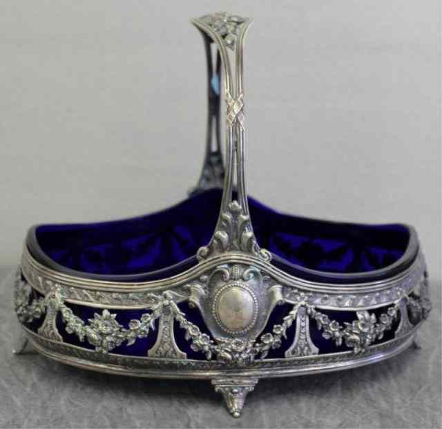 Appraisal: Silver Handled Centerpiece With Cobalt Liner Beautiful quality chasing Approx