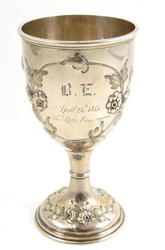 Appraisal: SILVER Goblet unmarked American th C floral repousse decoration engraved