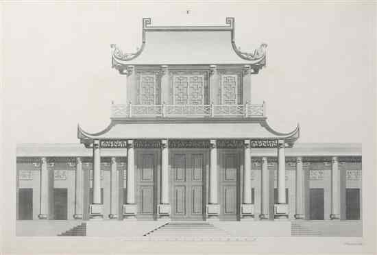 Appraisal: Two French Engravings depicting Chinese architectural facades matted and framed