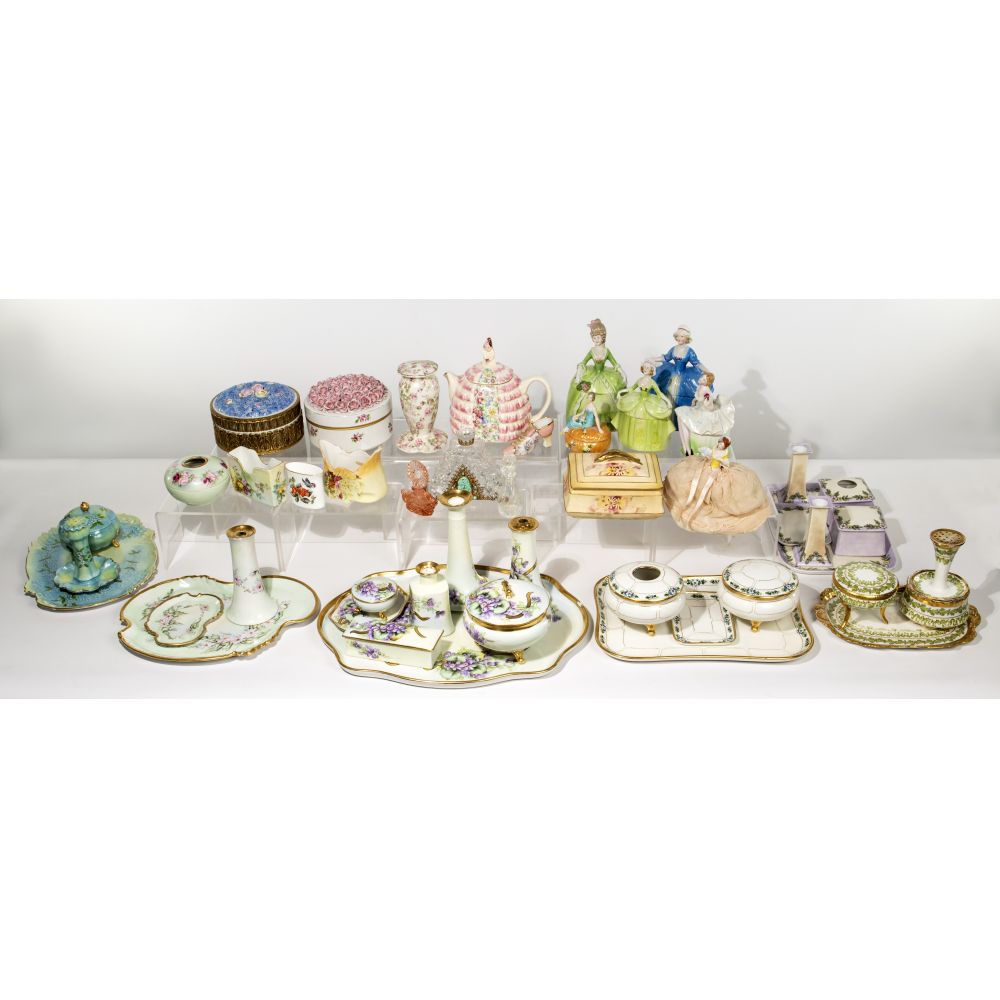 Appraisal: PORCELAIN VANITY SET AND ITEM ASSORTMENTApproximately items including trays dishes