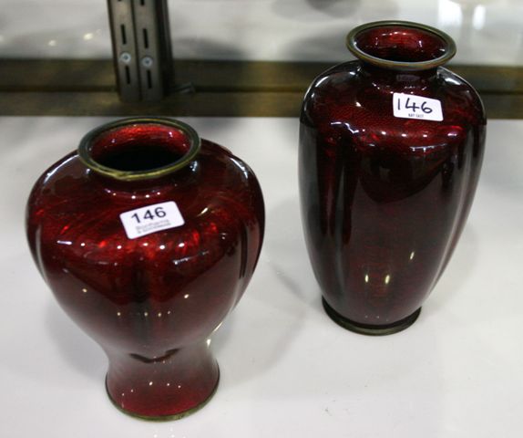 Appraisal: Two Japanese cloisonn lobed vases in rich red tone with