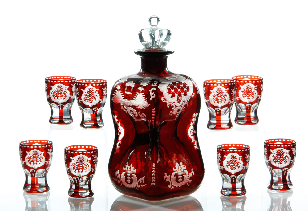 Appraisal: - Bohemian Decanter and Cordial Glasses Bohemian cut glass decanter