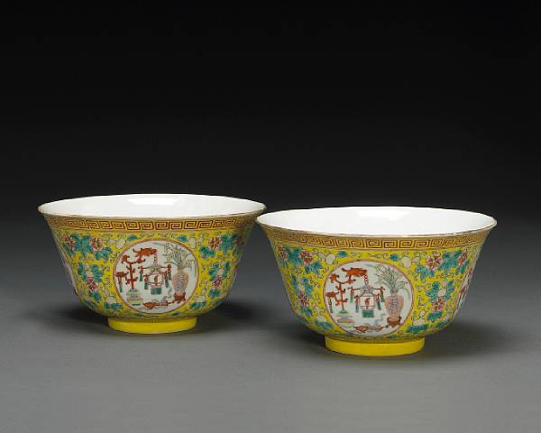 Appraisal: A pair of famille jaune enameled porcelain bowls Daoguang Marks