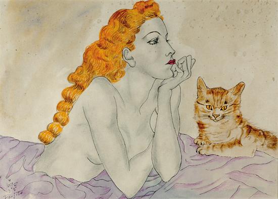 Appraisal: Tsuguharu Foujita Japanese French - PORTRAIT DE NU AVEC CHAT