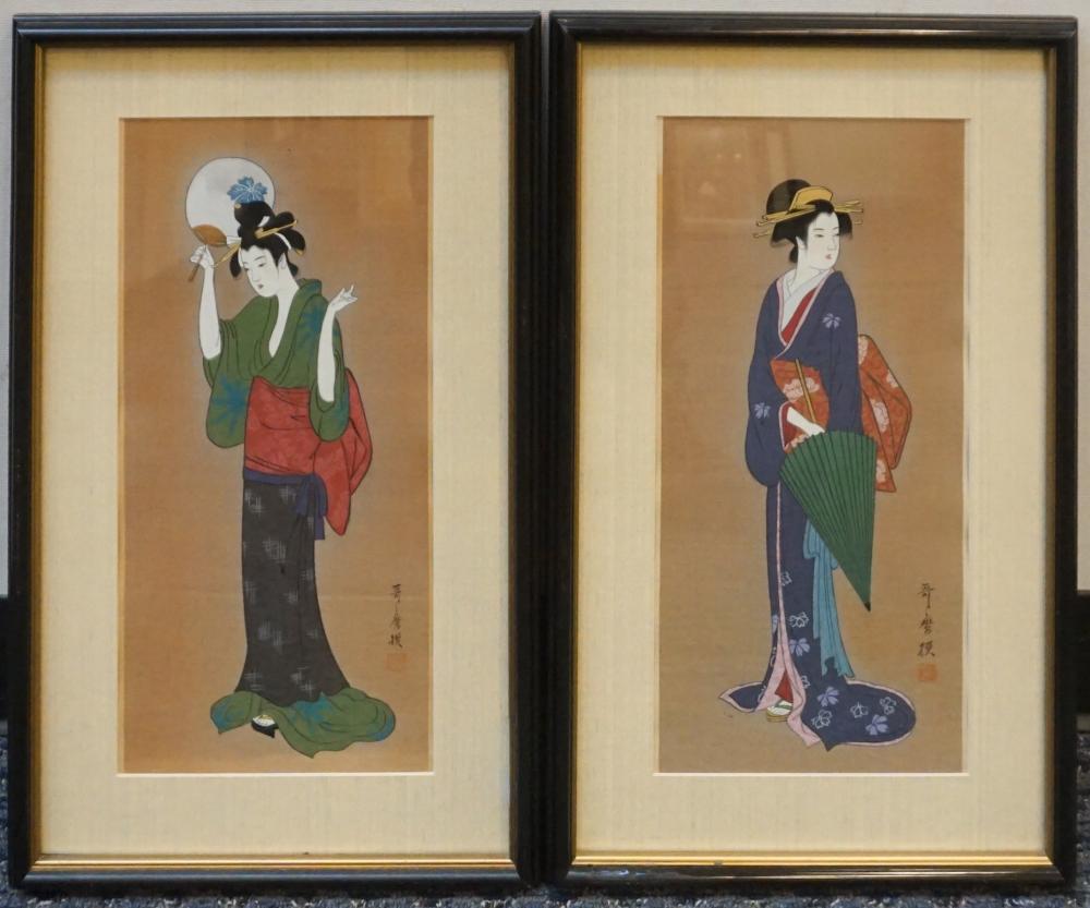 Appraisal: JAPANESE SCHOOL GEISHAS TWO WATERCOLORS ON SILK FRAME OF EACH