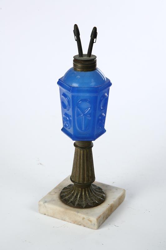 Appraisal: OIL LAMP Sandwich mid th century glass Cornflower blue sanded