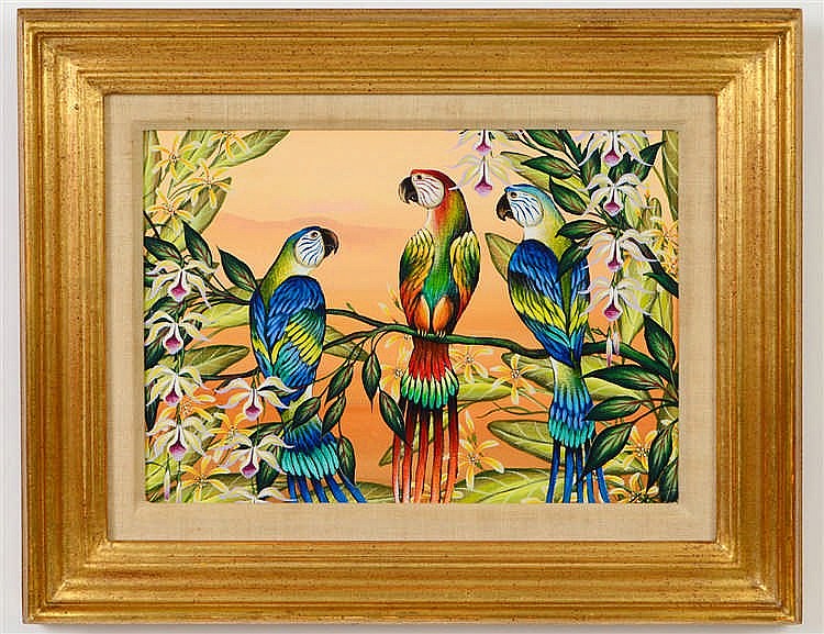 Appraisal: GUSTAVO NOVOA CHILEAN BORN Parrot Trio Signed l r Acrylic