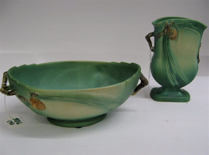 Appraisal: THREE PIECES ROSEVILLE POTTERY two in the Pinecone pattern bowl