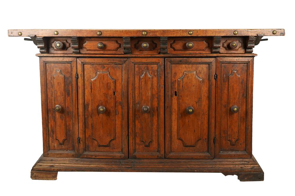 Appraisal: TUSCAN WALNUT SIDEBOARDincorporating antique elements with five frieze drawers above