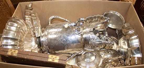 Appraisal: Box of assorted silver-plated articles including bowls hot water urn