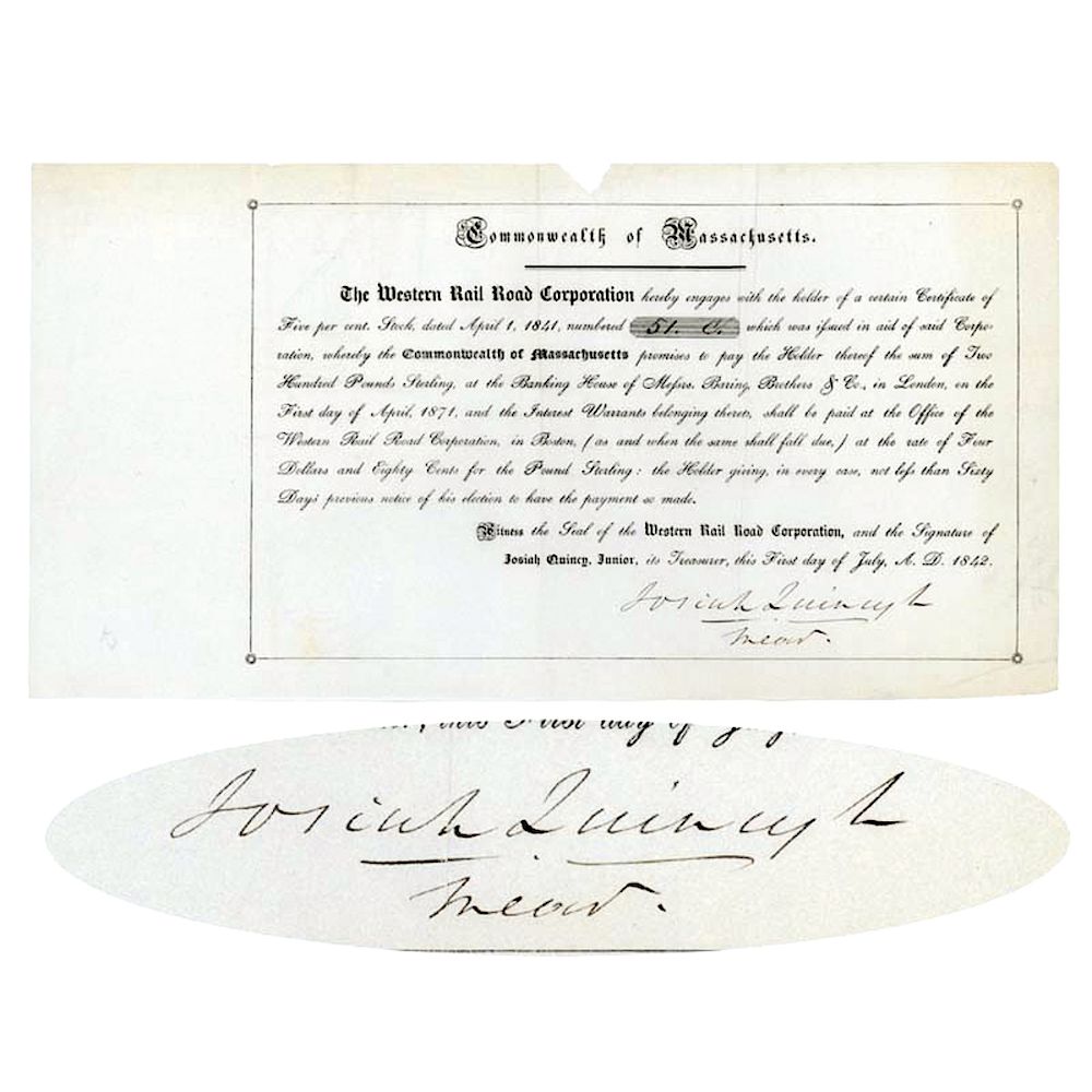 Appraisal: Josiah Quincy Jr Signed Western Rail Road Stock Quincy Market