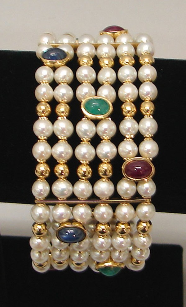 Appraisal: Gold bead and pearl bracelet with cabochon ruby lapis emerald