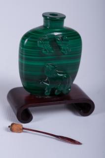 Appraisal: Chinese Carved Malachite Snuff Bottle Probably Qing Dynasty one side