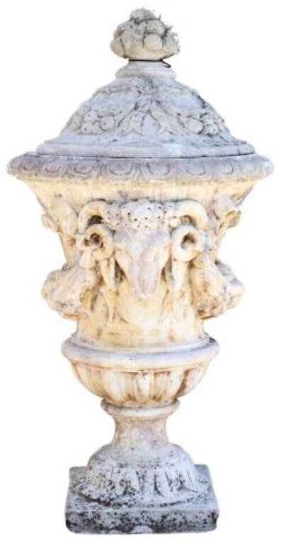 Appraisal: Monumental cast stone lidded garden urn having fruit finial to