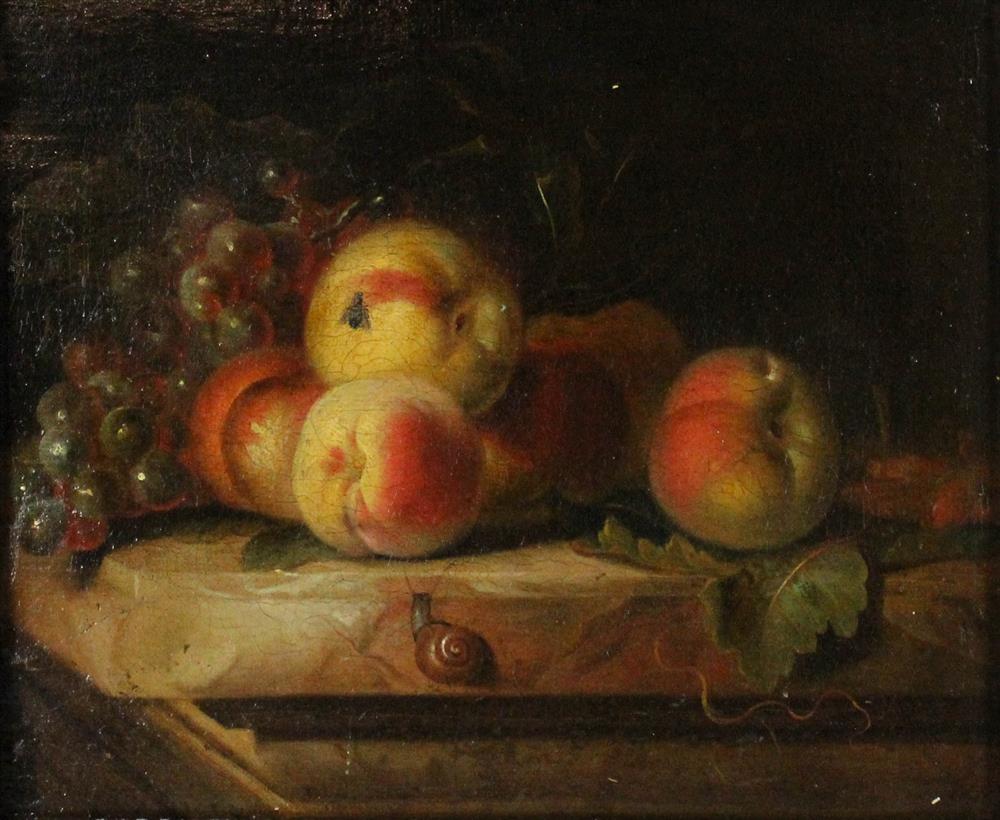 Appraisal: EUROPEAN SCHOOL TH CENTURY STILL LIFE WITH PEACHES GRAPES AND