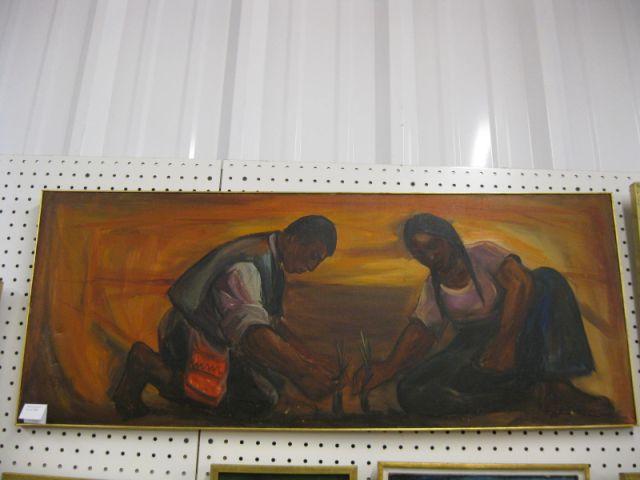 Appraisal: R Vejarano Oil Couple Planting peru artist image area x