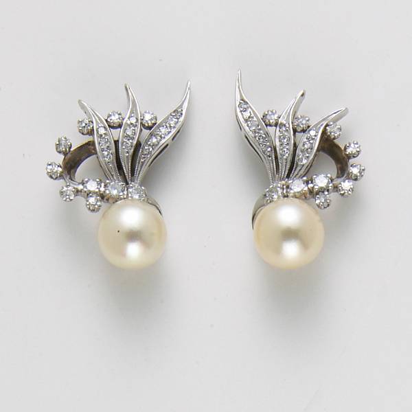 Appraisal: A pair of cultured pearl diamond and k white gold