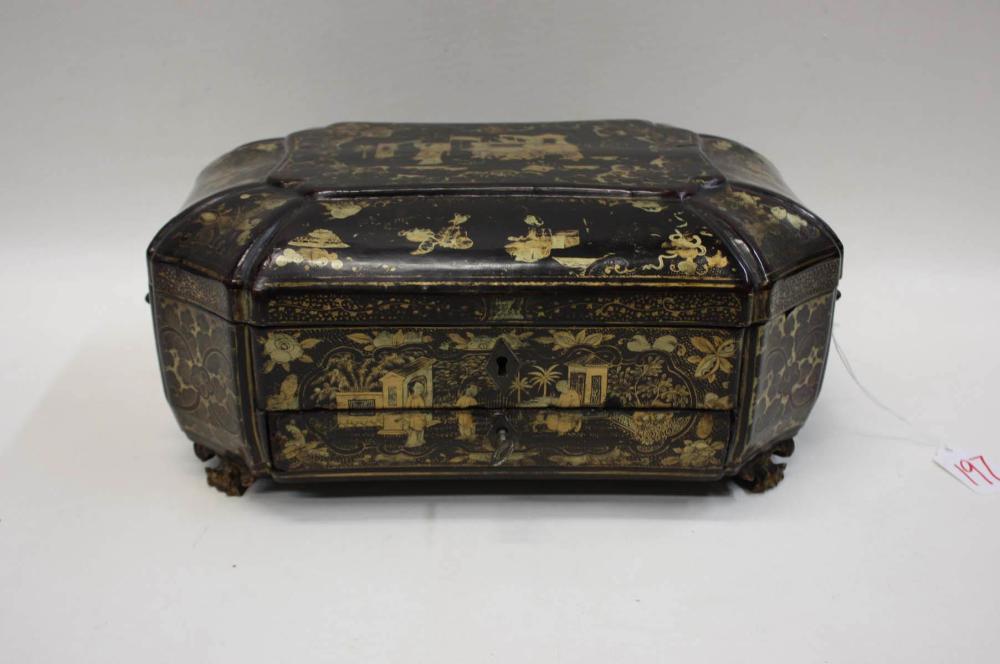 Appraisal: VICTORIAN GOLD JAPANNED BLACK LACQUER SEWING BOX English th century