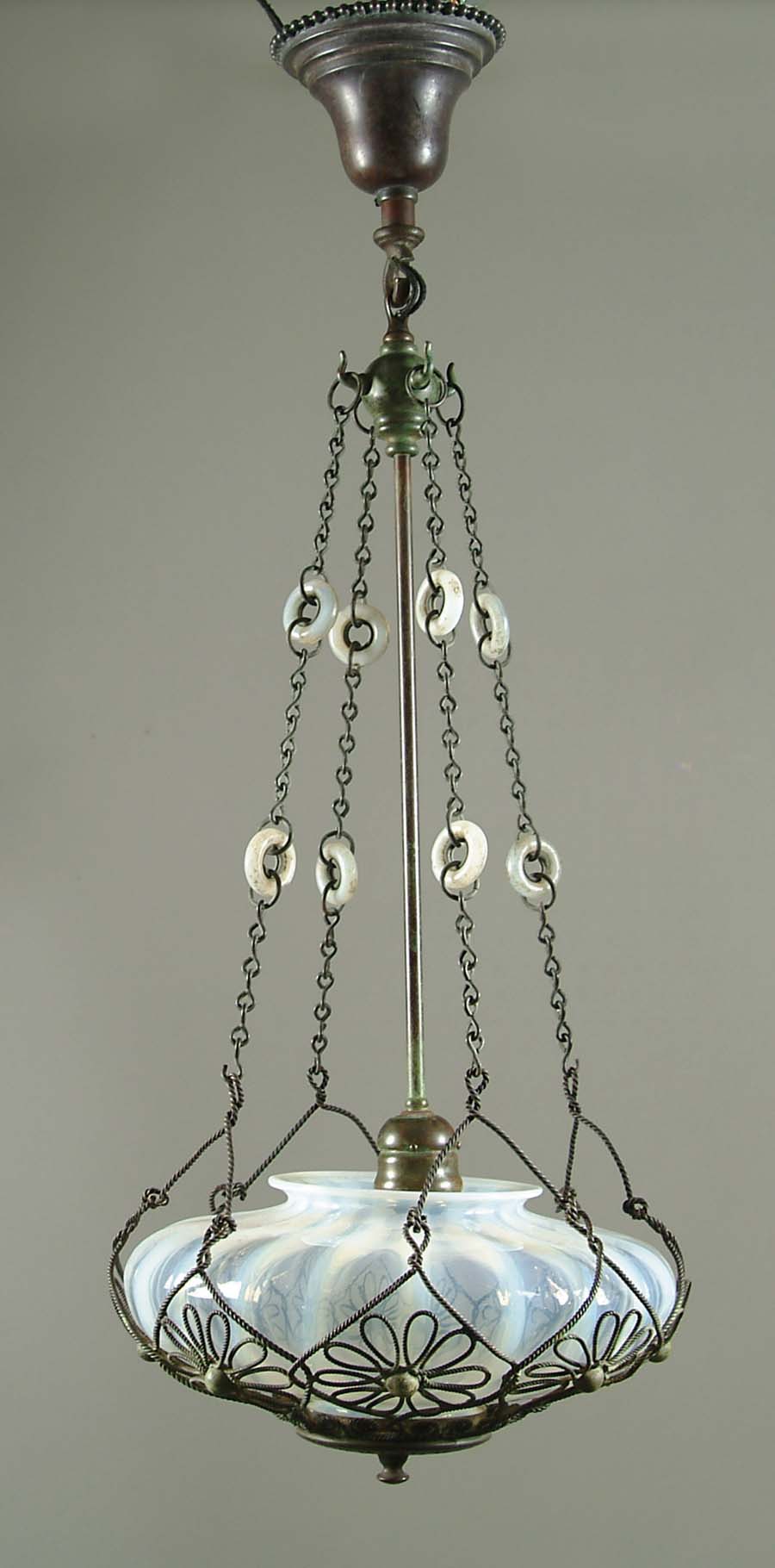 Appraisal: EARLY TIFFANY HANGER Wonderful early hanging fixture has bronze rope