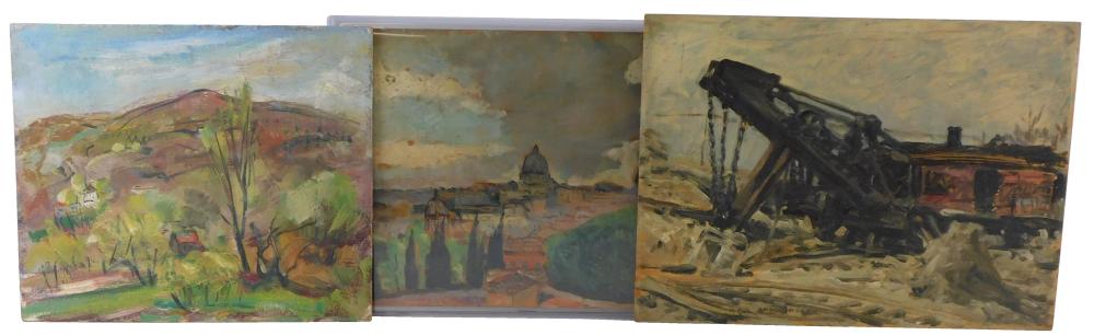 Appraisal: Three unframed oil on board landscapes the first with rolling