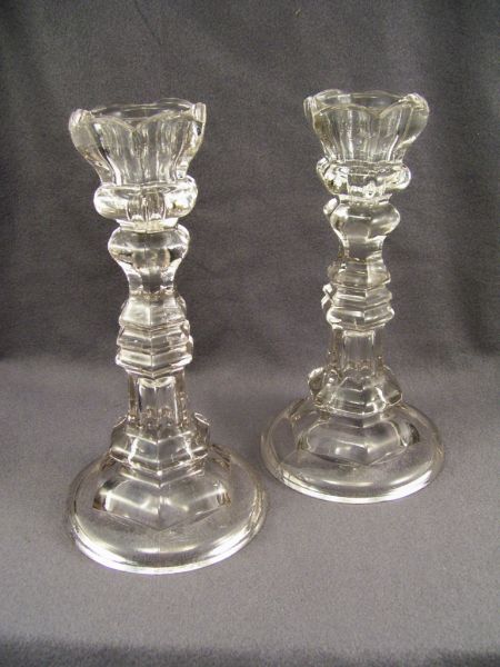 Appraisal: Pair Early Pittsburgh Glass Candleholders Clear molded glass candlesticks attributed