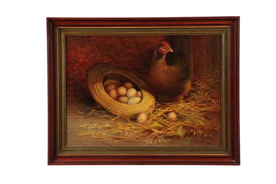 Appraisal: HEN WITH EGGS AMERICAN SCHOOL EARLY TH CENTURY Oil on