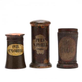 Appraisal: Three Wooden Dry Drug Jars late th century cylindrical form