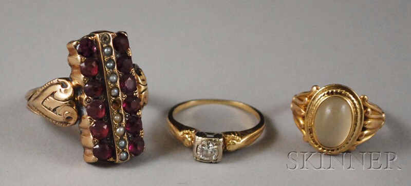 Appraisal: Three kt Gold Gem-set Rings an antique gold pink gemstone