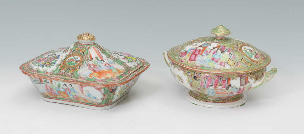 Appraisal: CHINESE ROSE MEDALLION COVERED BOWLS Each with typical genres scenes