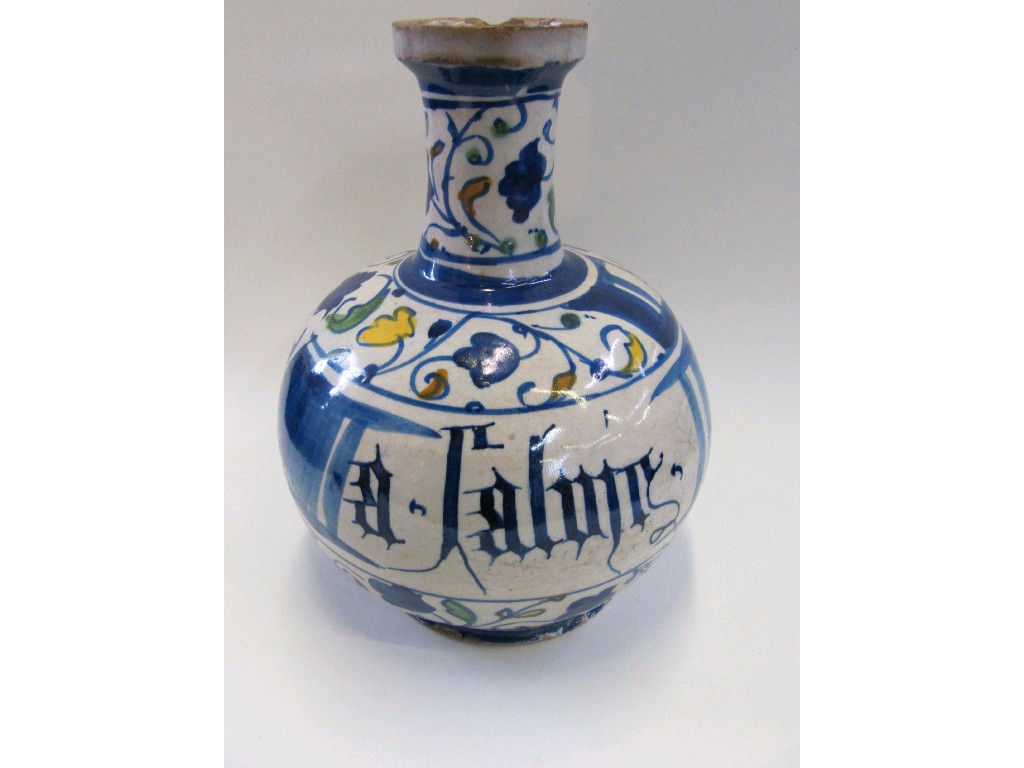 Appraisal: Italian Maiolica drug bottle with central inscription and decorated with