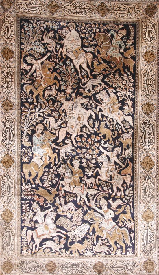 Appraisal: SILK RUG Depicting hunting scene with storied border - App