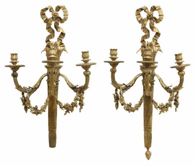 Appraisal: pair Louis XVI style gilt bronze candle sconces with ribbon