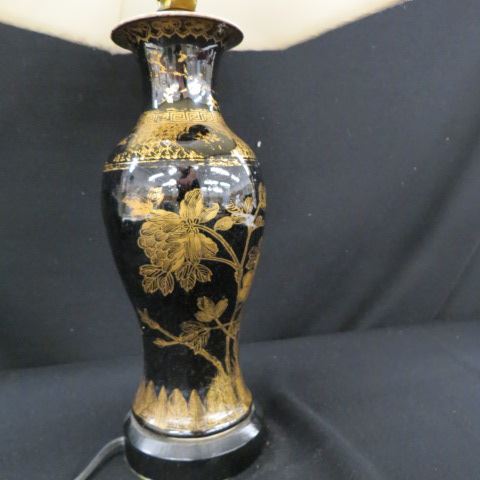 Appraisal: Chinese Mirror Black Porcelain Lamp gold butterfly floral decor body