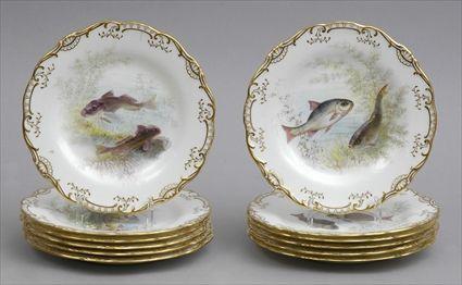 Appraisal: TWELVE MINTON HAND-PAINTED CHINA FISH PLATES Retailed by D B