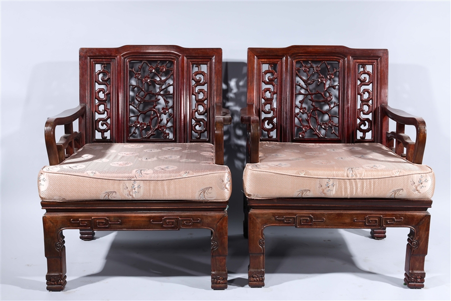 Appraisal: Pair Chinese Carved Wood Chairs with silk cushions each measuring