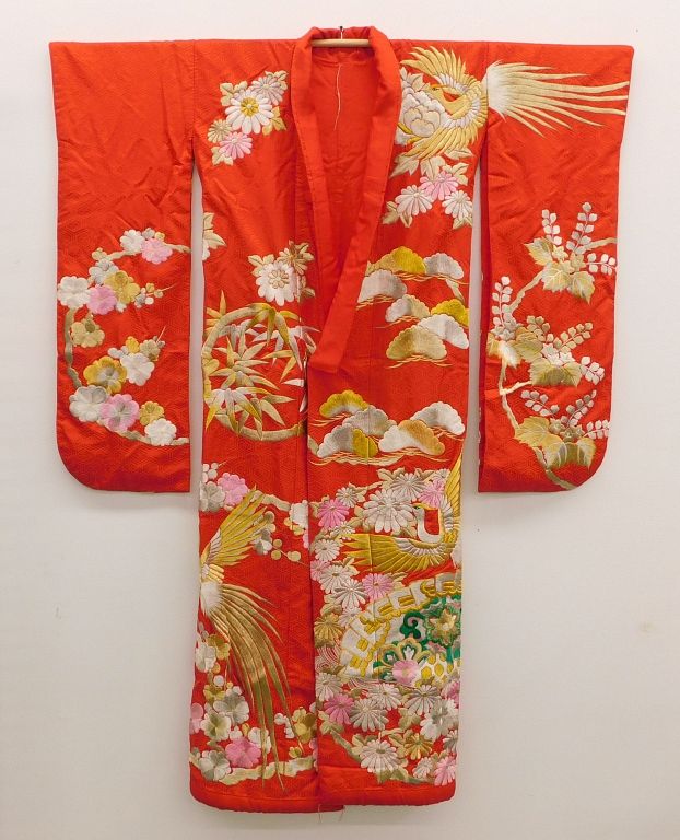 Appraisal: Japanese Silk Embroidered Red Crane Kimono Japan Early th Century