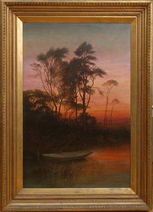 Appraisal: TH CENTURY SCHOOL SUNSET ON THE RIVER Oil on canvas