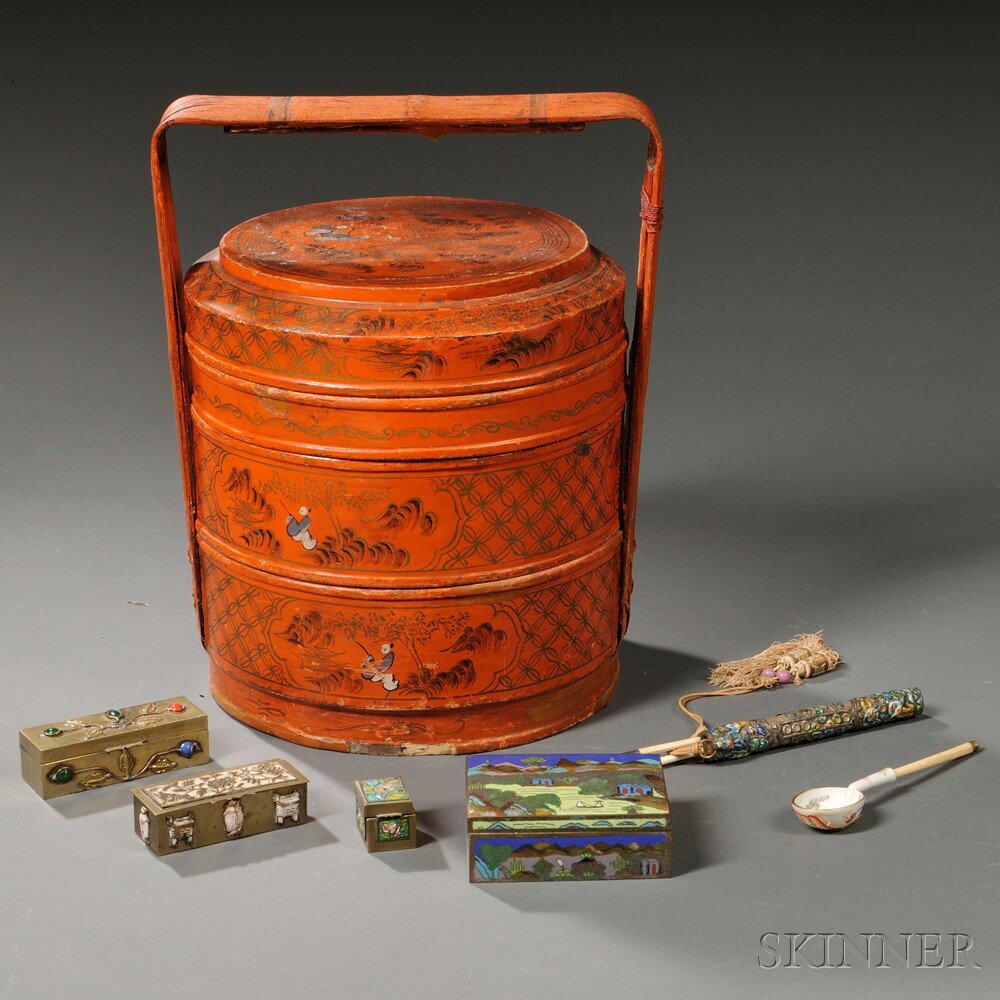 Appraisal: Group of Miscellaneous Items China a three-tiered cylindrical red lacquer