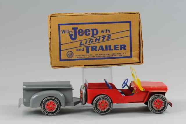 Appraisal: MARX BOXED JEEP AND TRAILER Pressed steel bright colors advertised